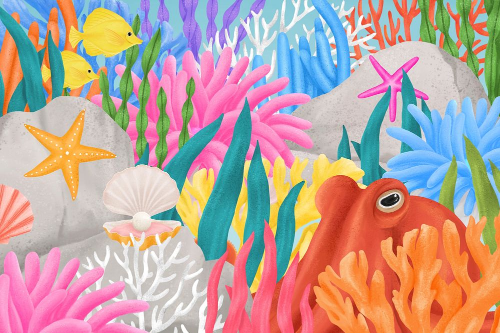 Coral reef pattern background, aesthetic paint illustration