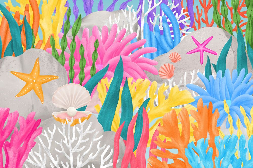 Coral reef pattern background, aesthetic paint illustration