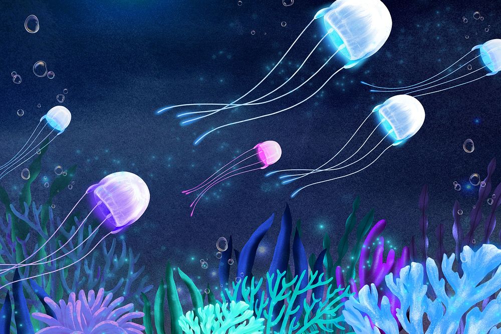 Neon jellyfish, dark background, aesthetic paint illustration