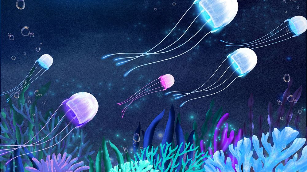 Neon jellyfish, dark desktop wallpaper background
