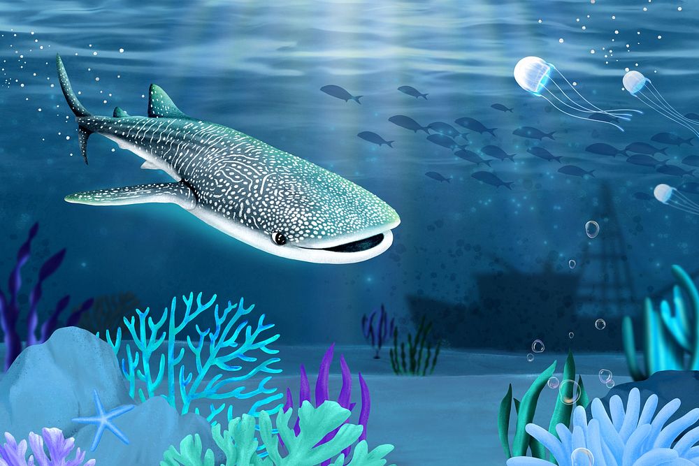 Whale shark, blue background, aesthetic paint illustration