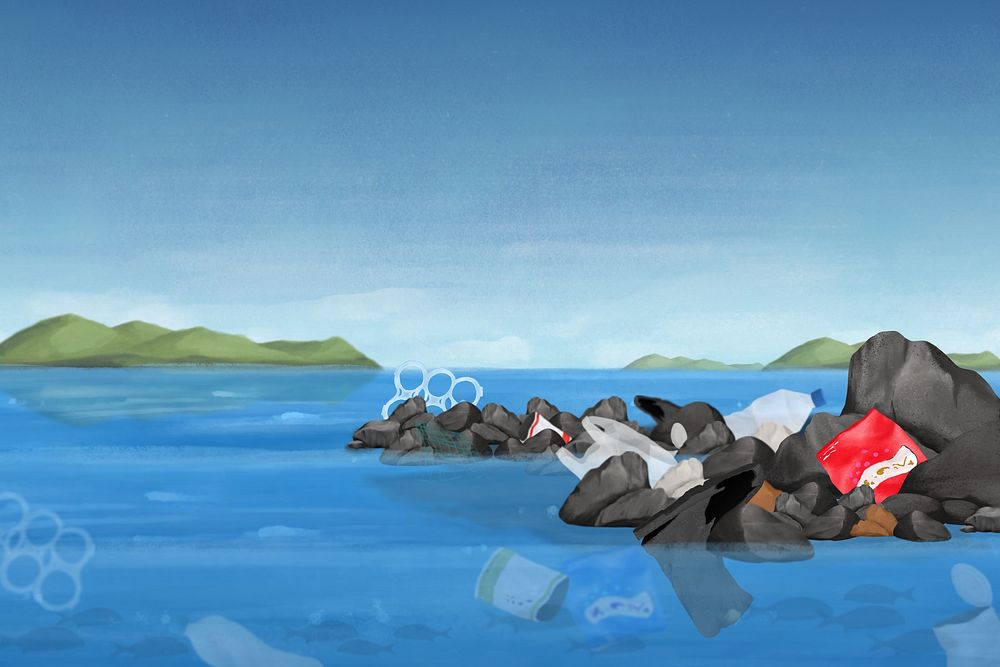 Ocean pollution background, aesthetic paint illustration