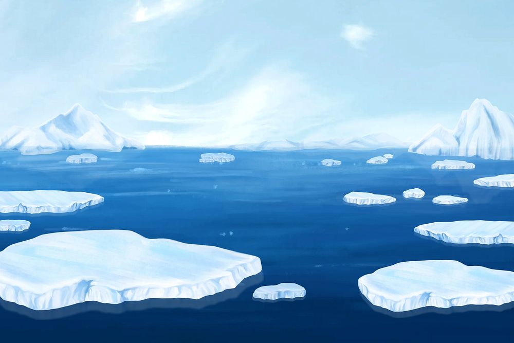 Arctic sea, blue background, aesthetic paint illustration