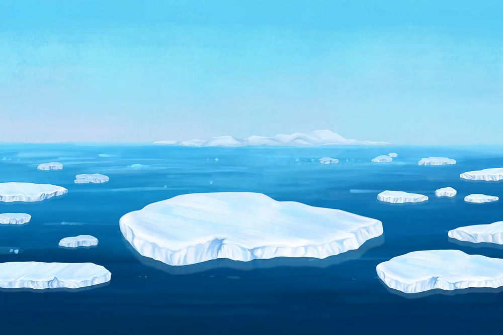 Arctic sea, blue background, aesthetic paint illustration