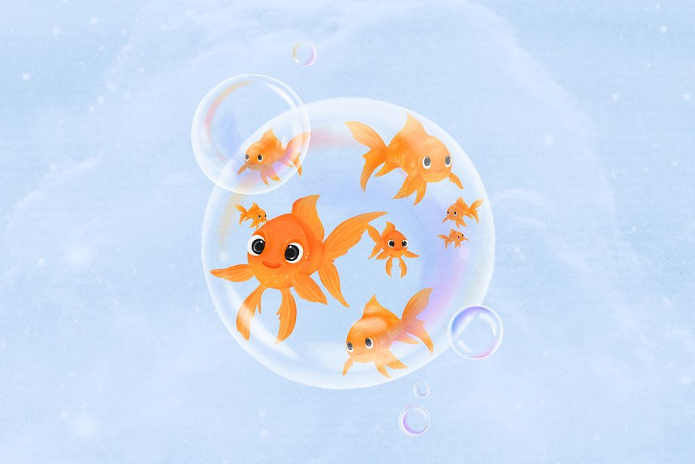 Goldfish bubble, blue background, aesthetic paint illustration