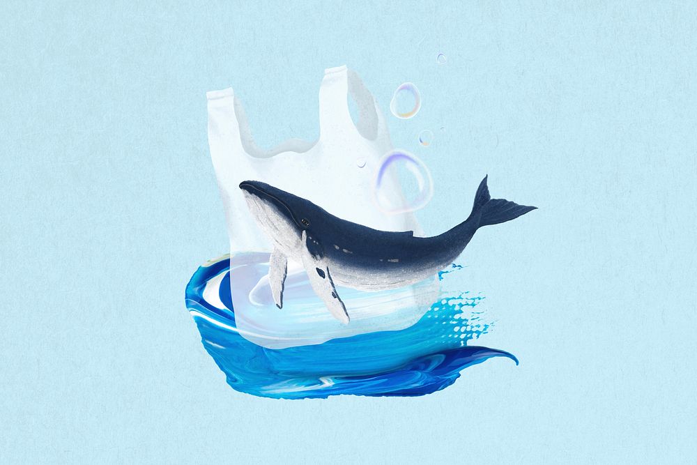 Ocean pollution, blue background, aesthetic paint illustration