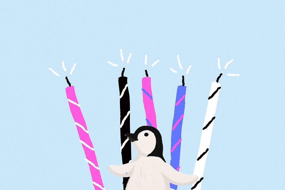 Baby penguin birthday background, aesthetic paint illustration