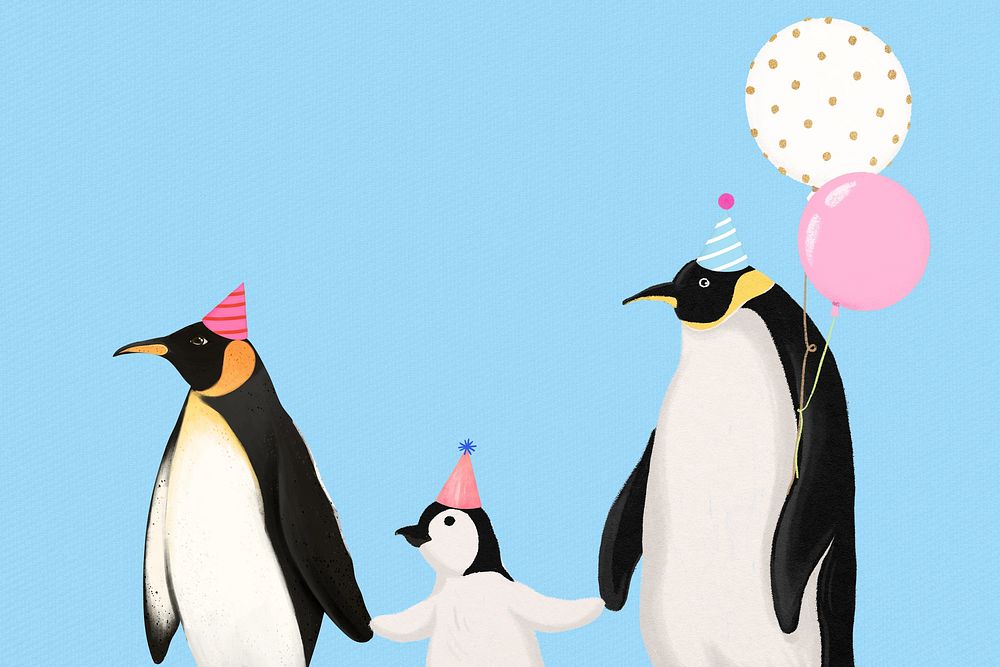 Party penguin family, blue background, aesthetic paint illustration