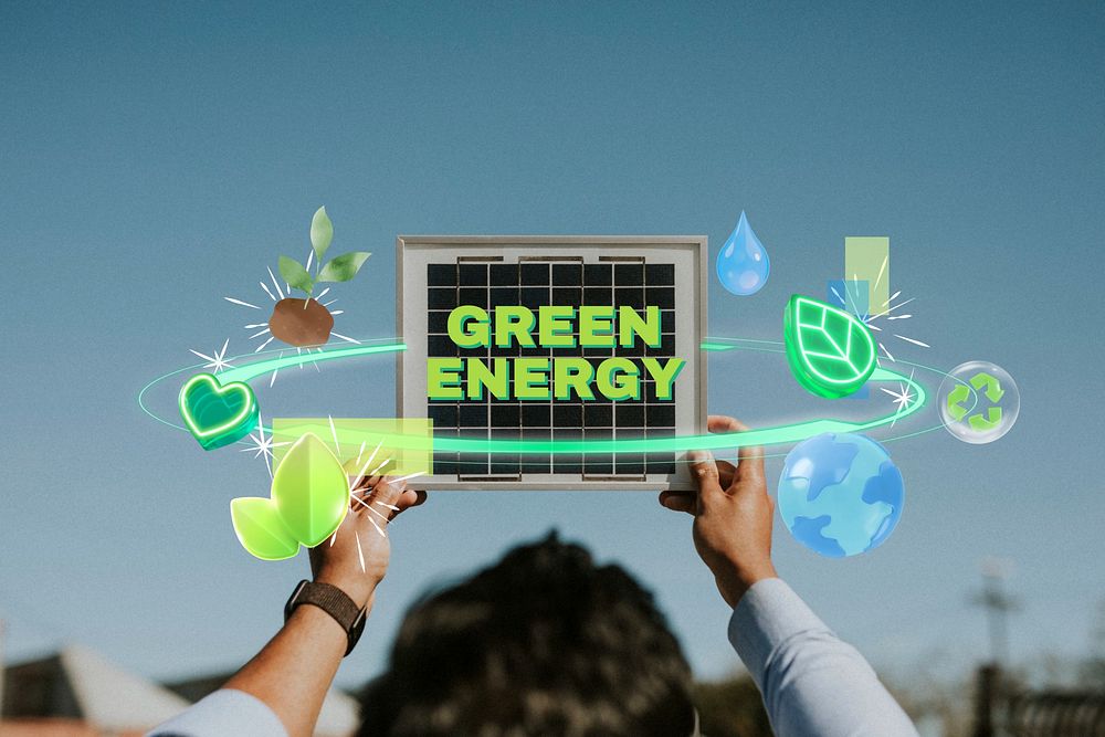 Green energy word, digital remix in neon design