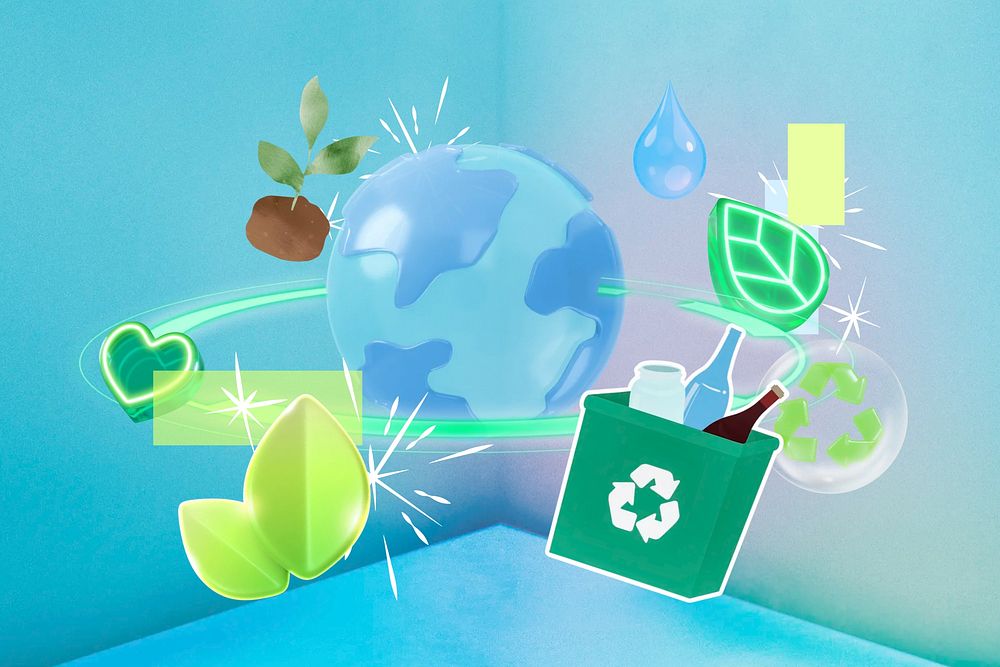 3D globe, recycle bin illustrations, environment remix