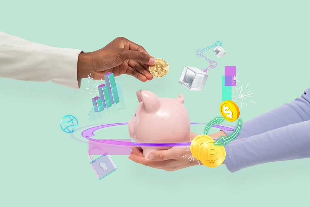 Online savings, piggy bank, digital finance remix