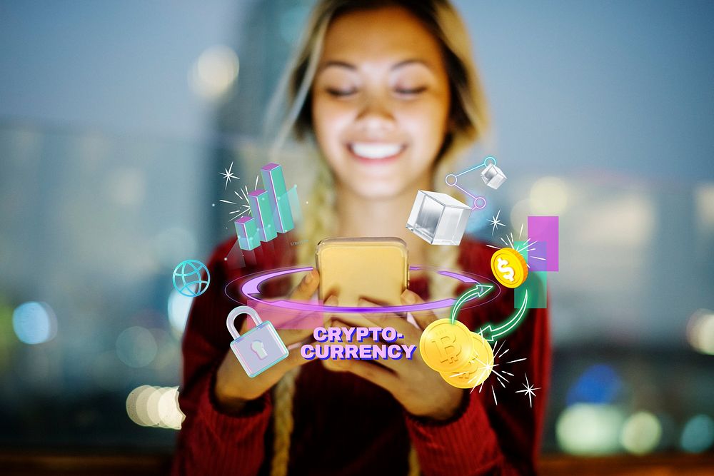 Cryptocurrency, woman using smartphone, digital finance remix