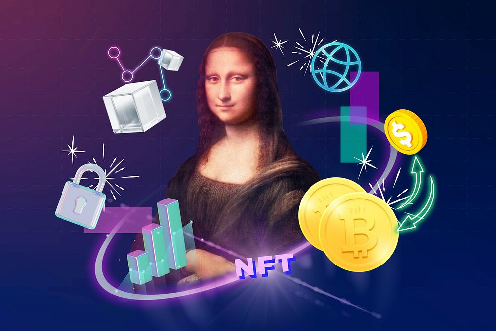 NFT word, Mona Lisa painting, finance in neon design. Remixed by rawpixel.