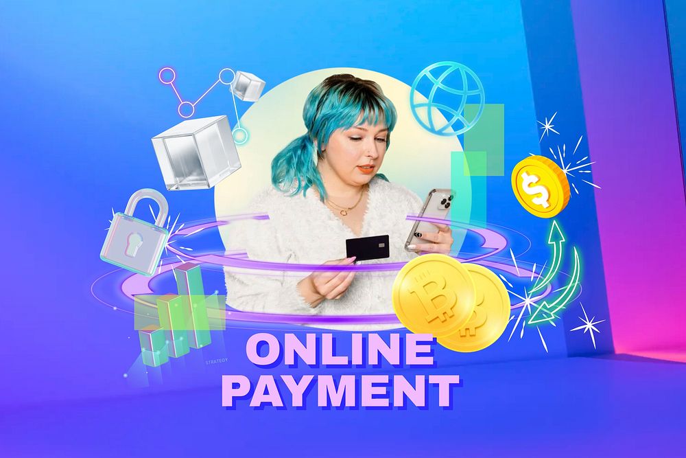 Online payment word, digital remix in neon design