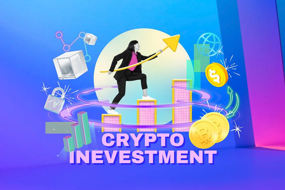 Crypto investment word, business remix in neon design