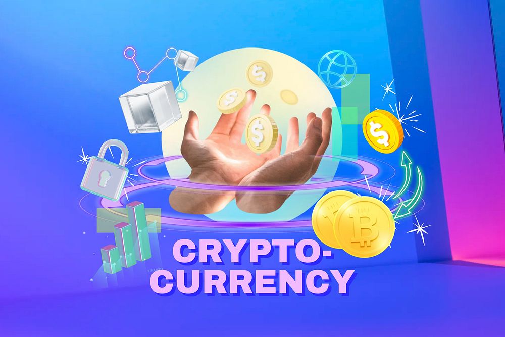 Cryptocurrency word, finance remix in neon design