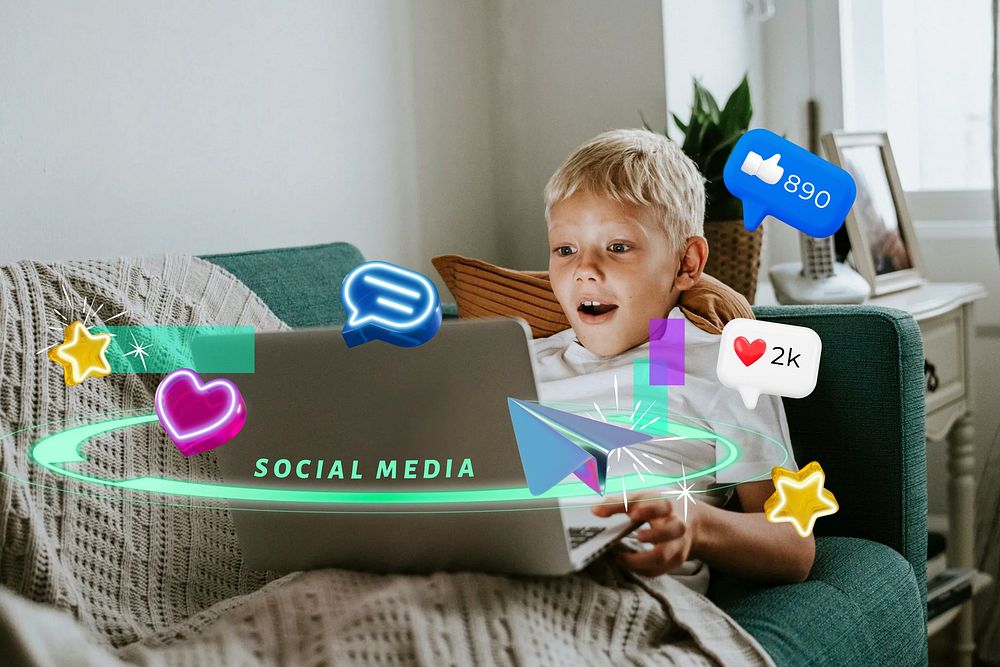 Social media, boy using laptop, digital remix