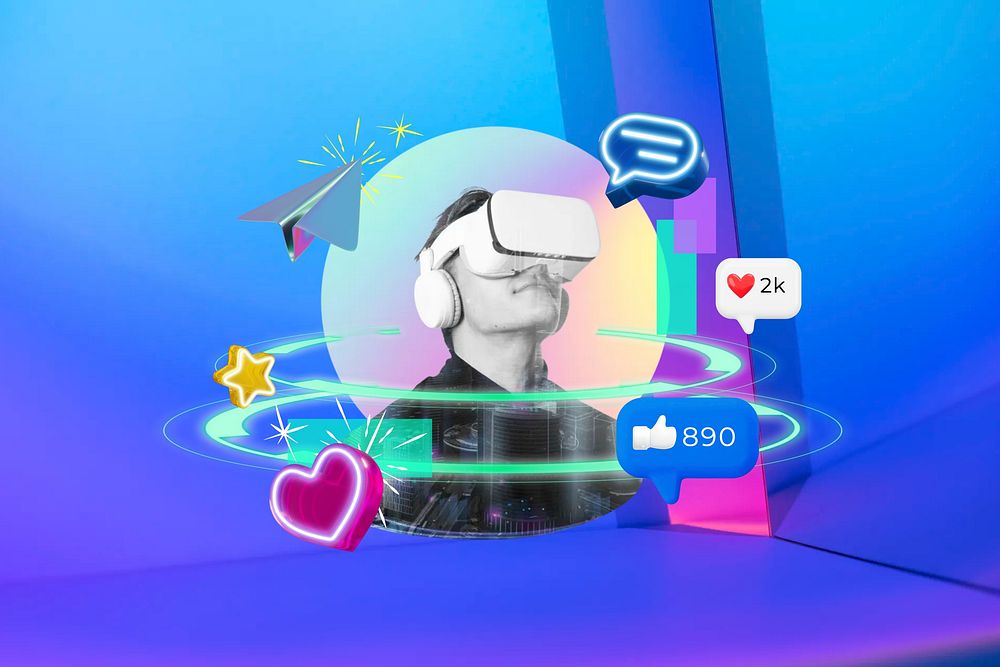 Social media reactions, man wearing VR, digital remix