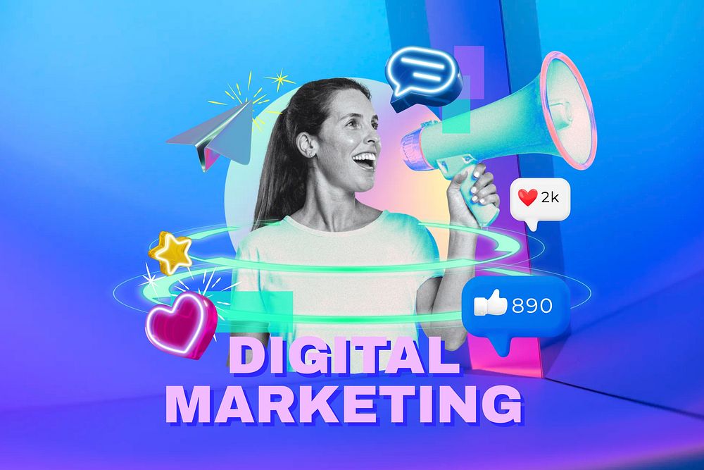Digital marketing word, technology remix in neon design