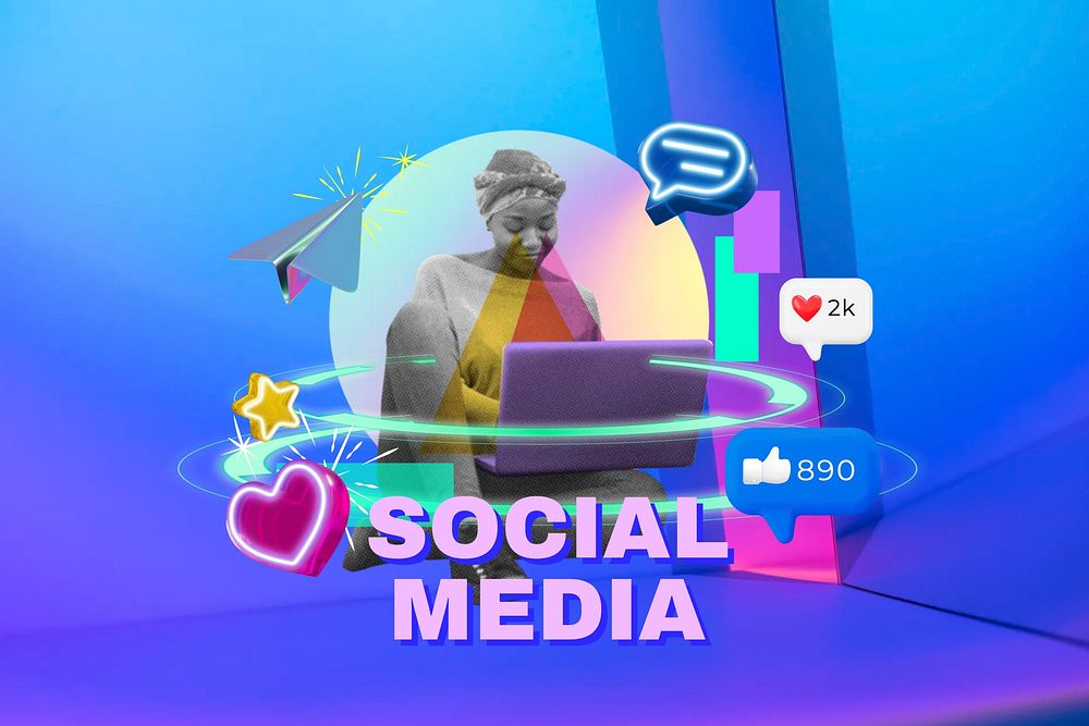 Social media word, digital remix in neon design