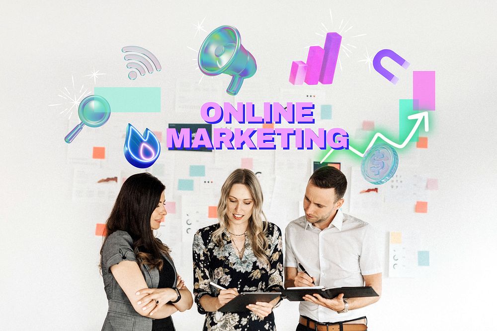 Online marketing word, digital remix in neon design