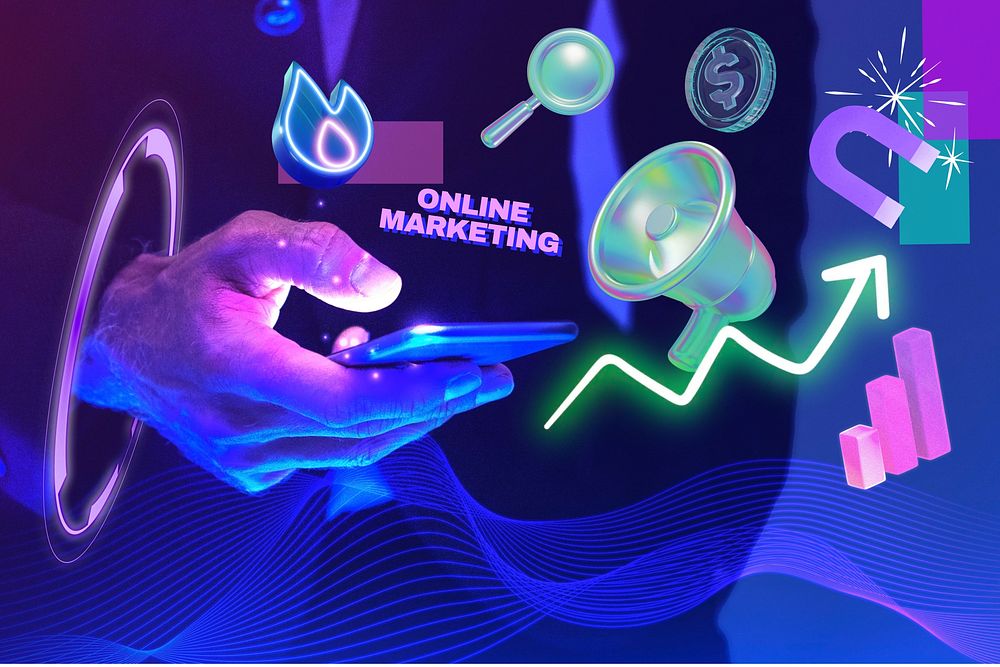 Digital marketing tool, hand holding smartphone, 3D remix