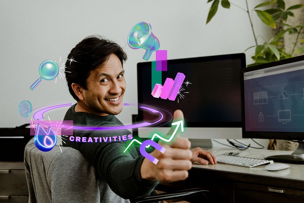 Thumbs up man, creative content creator, 3D digital remix