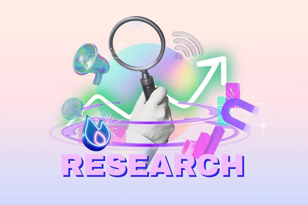Research word, digital remix in neon design