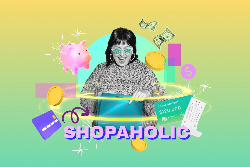 Shopaholic word, finance remix in neon design