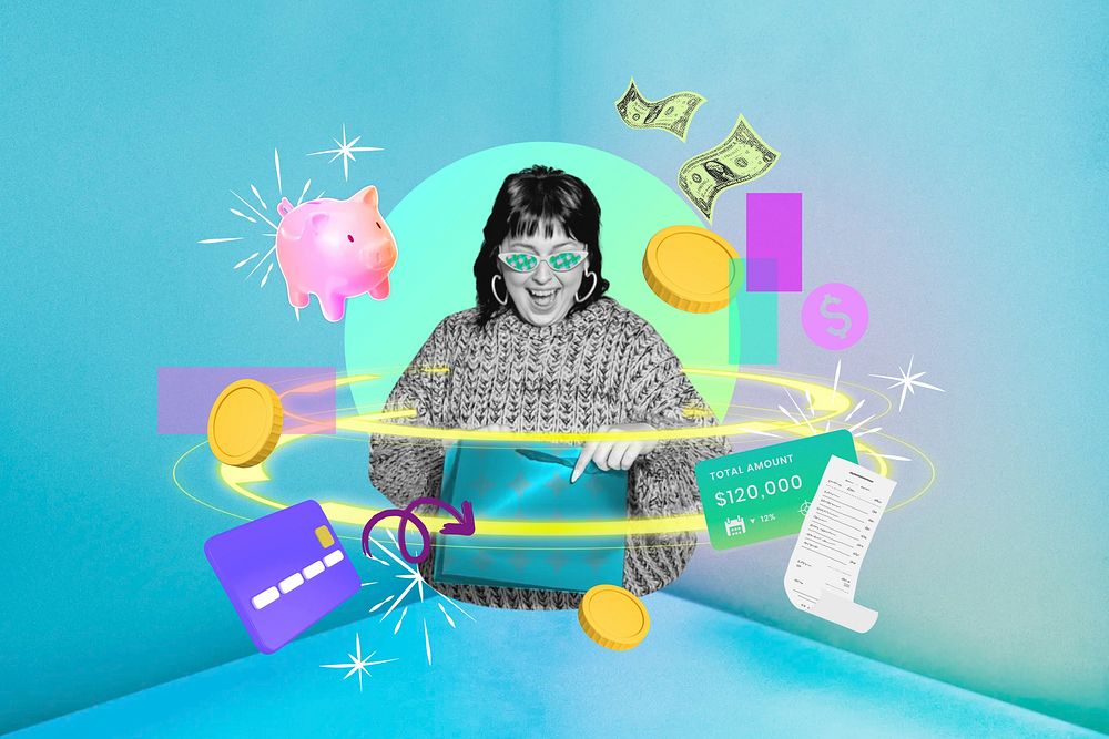 Shopaholic woman, digital finance remix