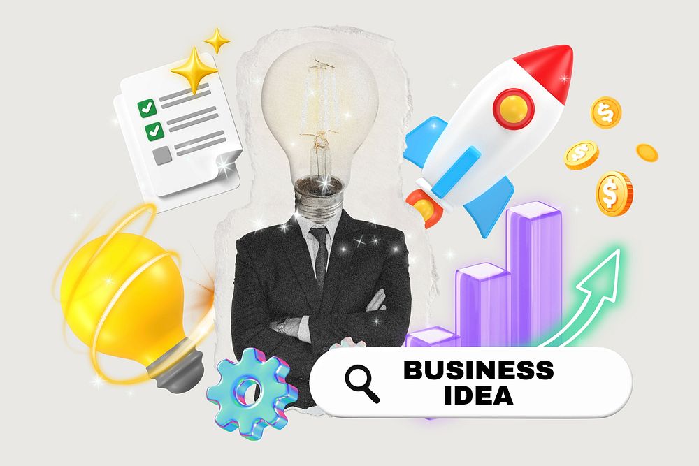Startup business idea word, 3d collage remix