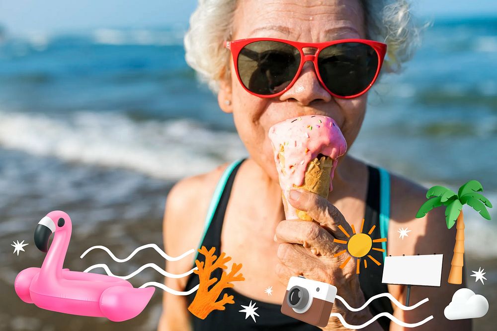 Senior beach lady, 3D collage remix design