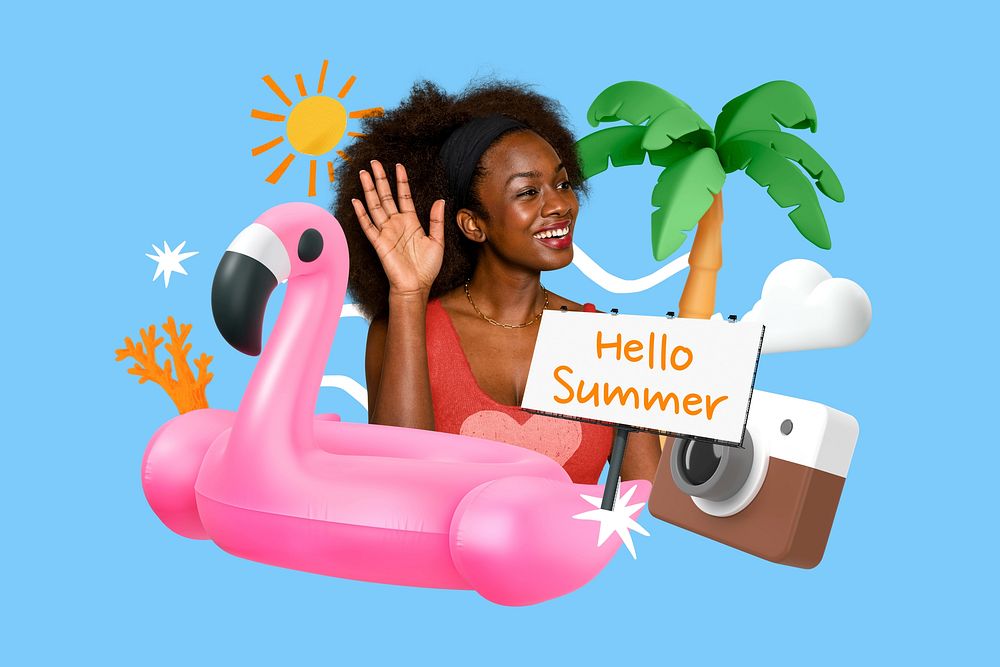 Hello summer word element, 3D collage remix design