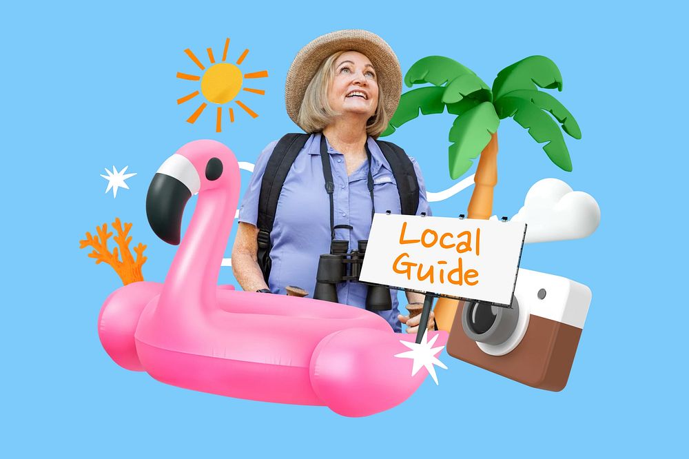 Local guide, summer word element, 3D collage remix design