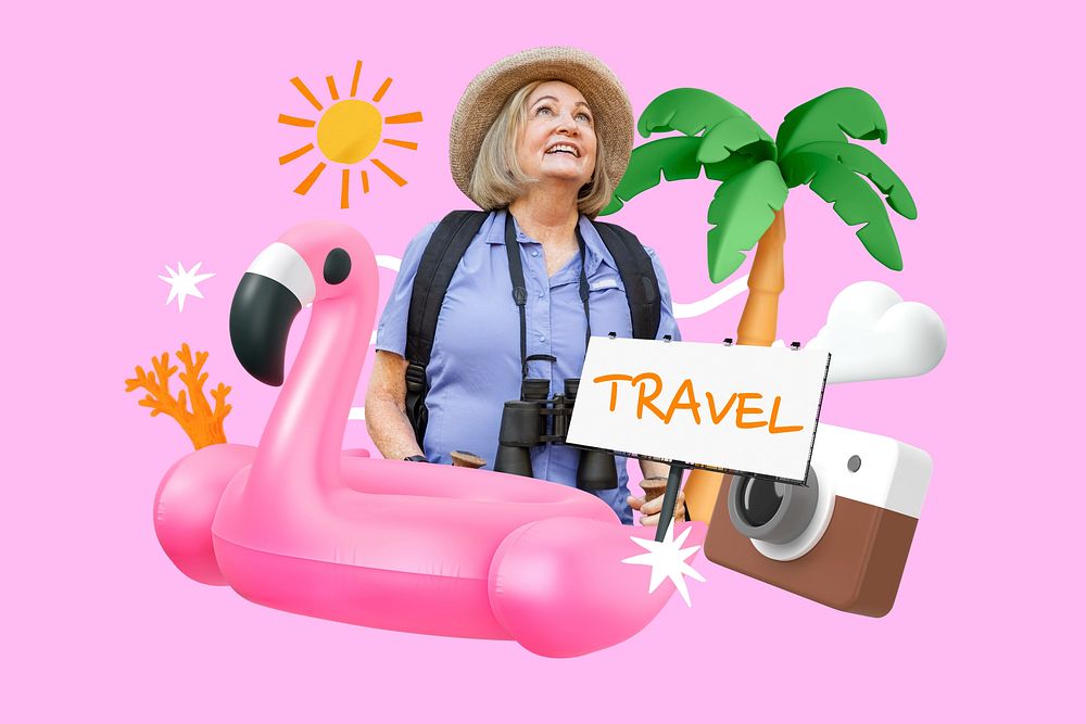 Summer travel word element, 3D collage remix design