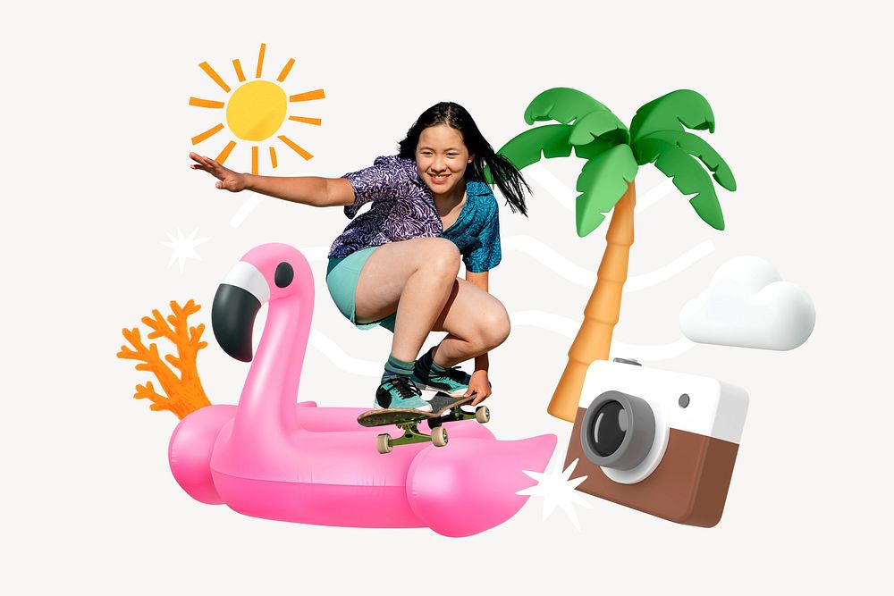 Skater girl, summer fun, 3D collage remix design