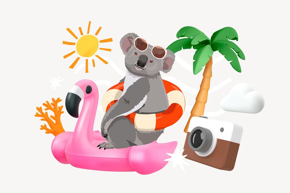 Cute koala bear, summer vacation, 3D collage remix design