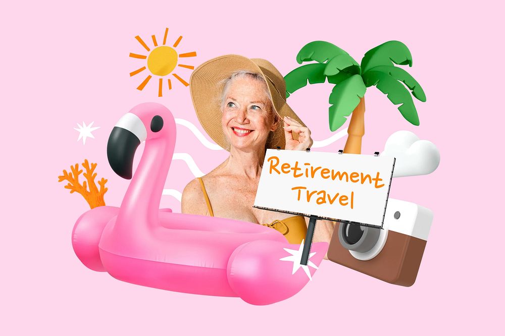 Retirement travel word element, 3D collage remix design