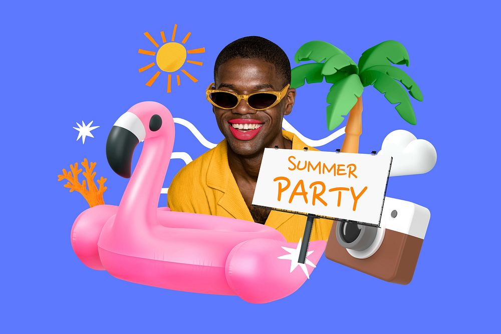 Summer party word element, 3D collage remix design