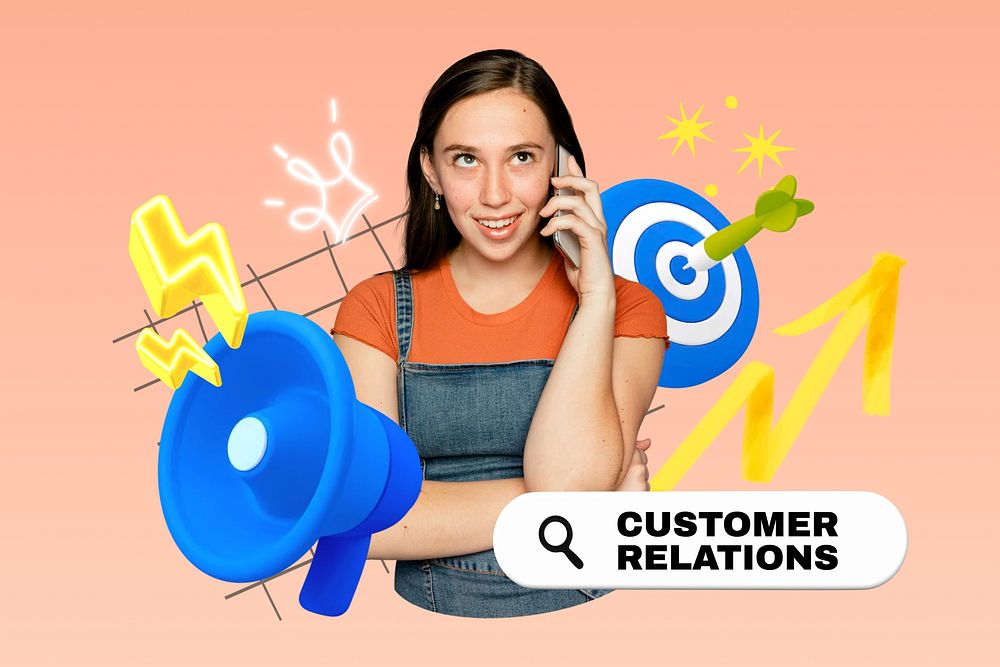 Customer relations word, 3d collage remix
