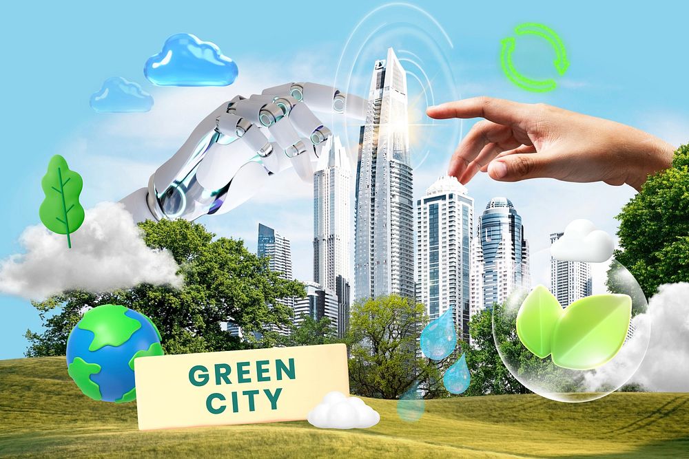 Green city, environment word, 3d collage remix