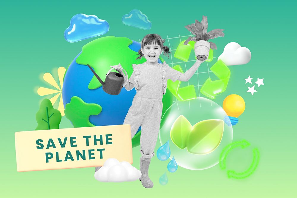 Save the planet word, 3d collage remix
