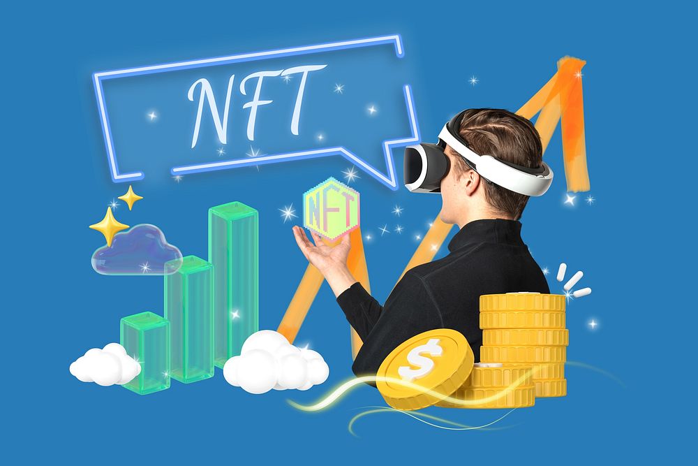 NFT investment word, 3d collage remix