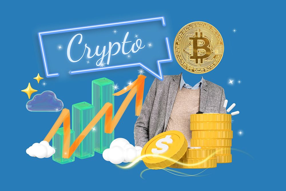 Crypto investment word, 3d collage remix