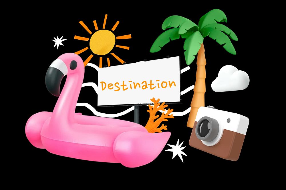 Summer destination word element, 3D collage remix design