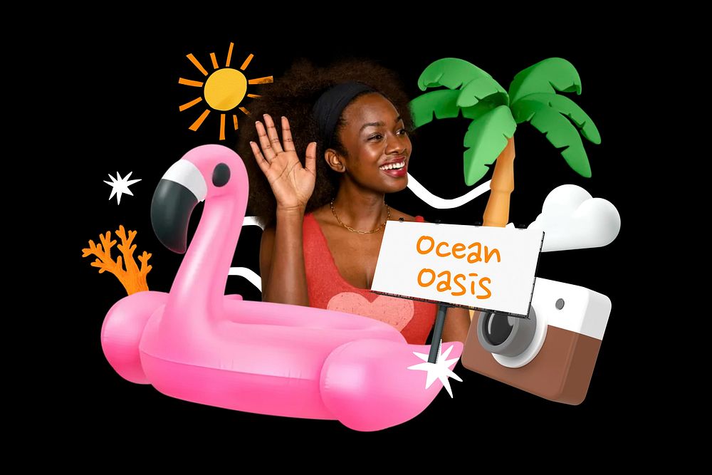 Ocean oasis, summer word element, 3D collage remix design