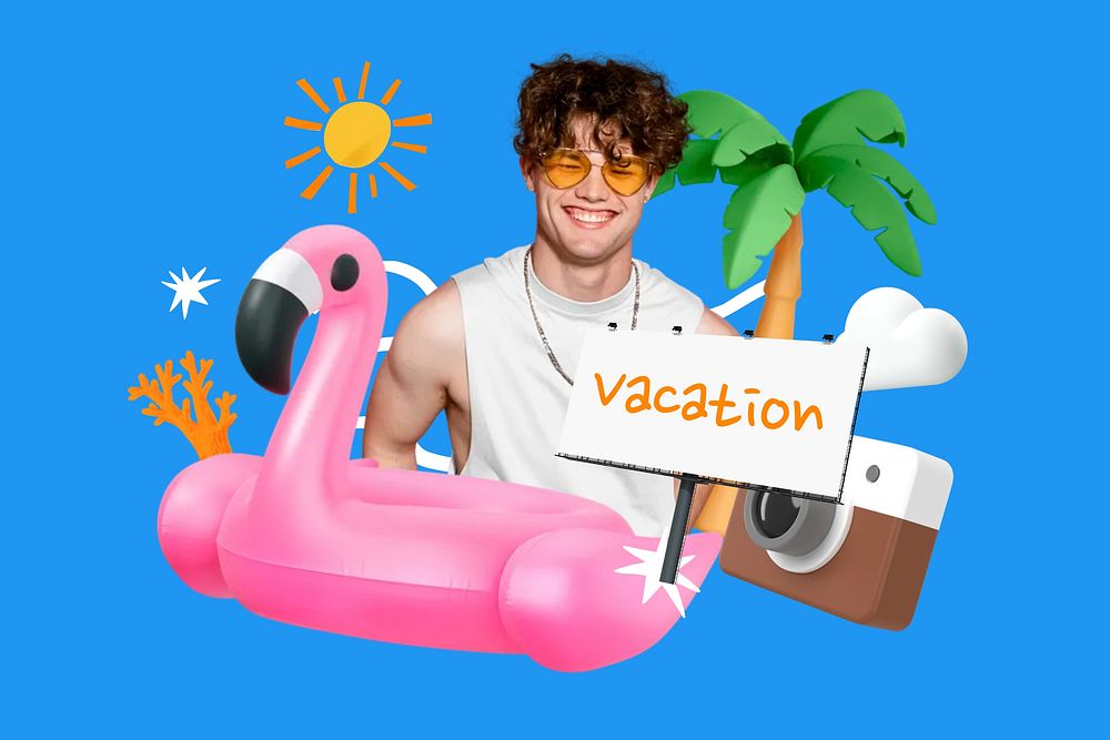 Summer vacation word element, 3D collage remix design