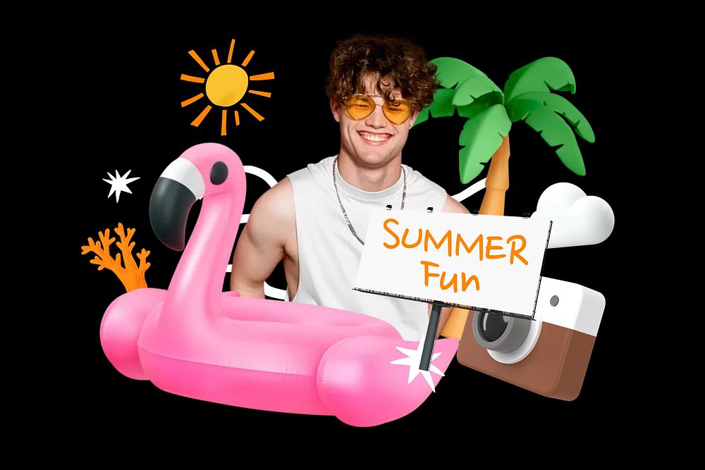 Summer fun word element, 3D collage remix design