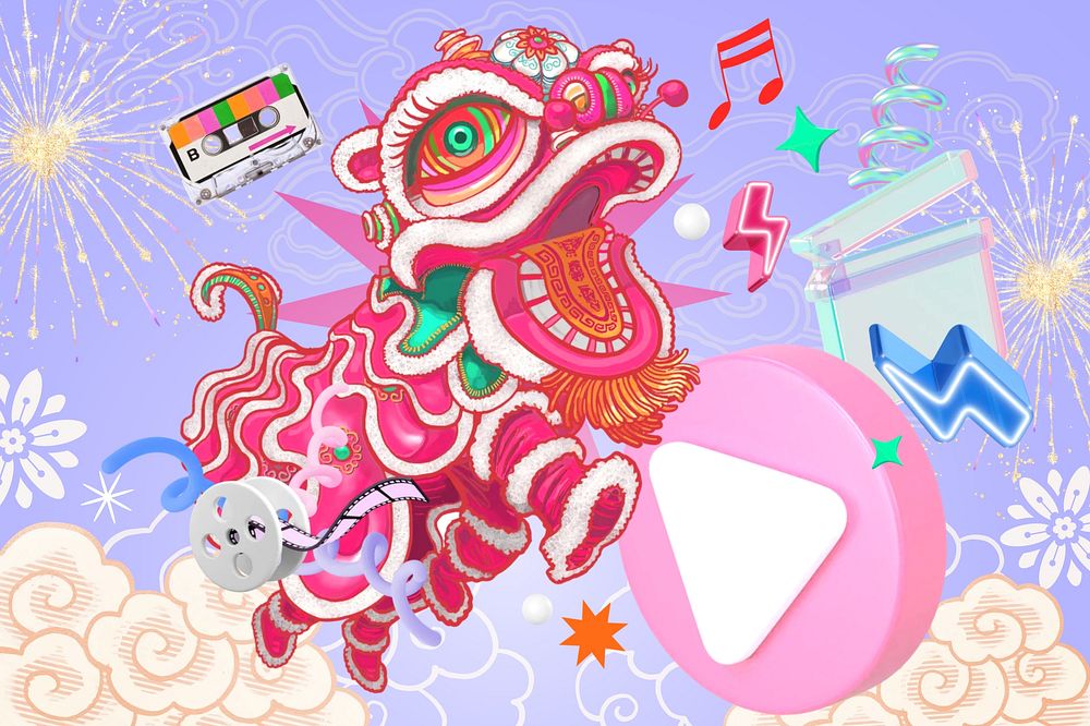 Colorful Chinese lion, entertainment collage remix design