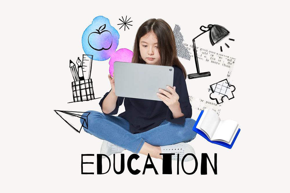 Education word, girl using tablet remix